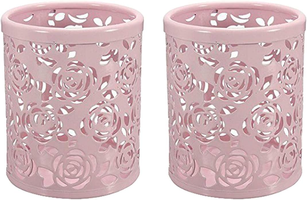 Hollow Rose Flower Pattern Metal Pen Pencil Pot Cup Holder