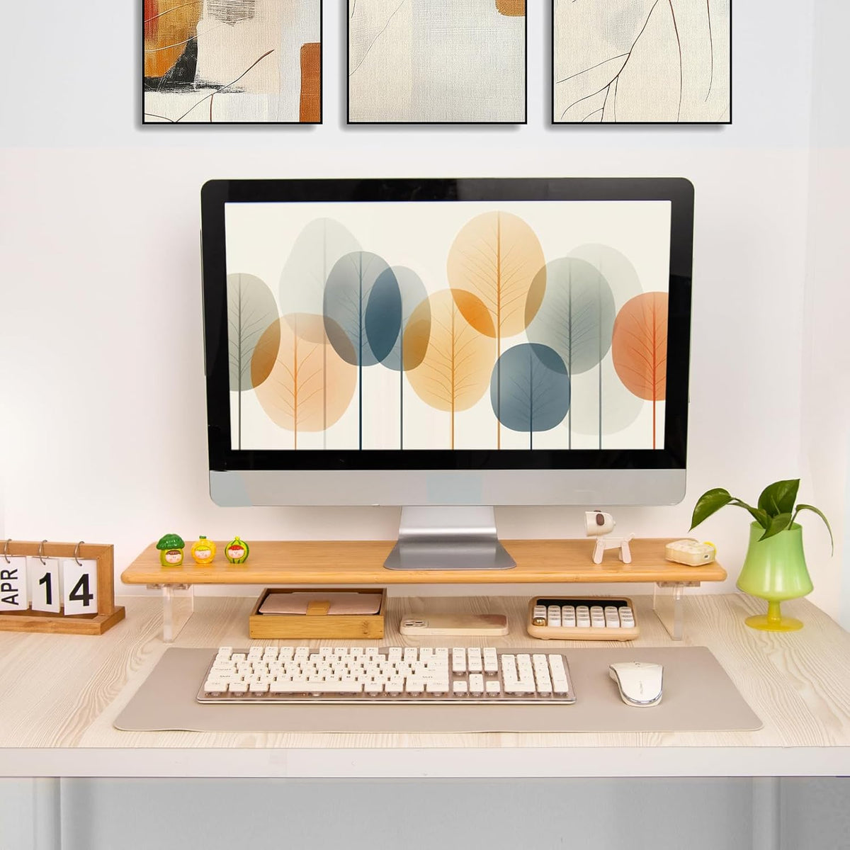 Bamboo Monitor Stand Riser with Acrylic Legs
