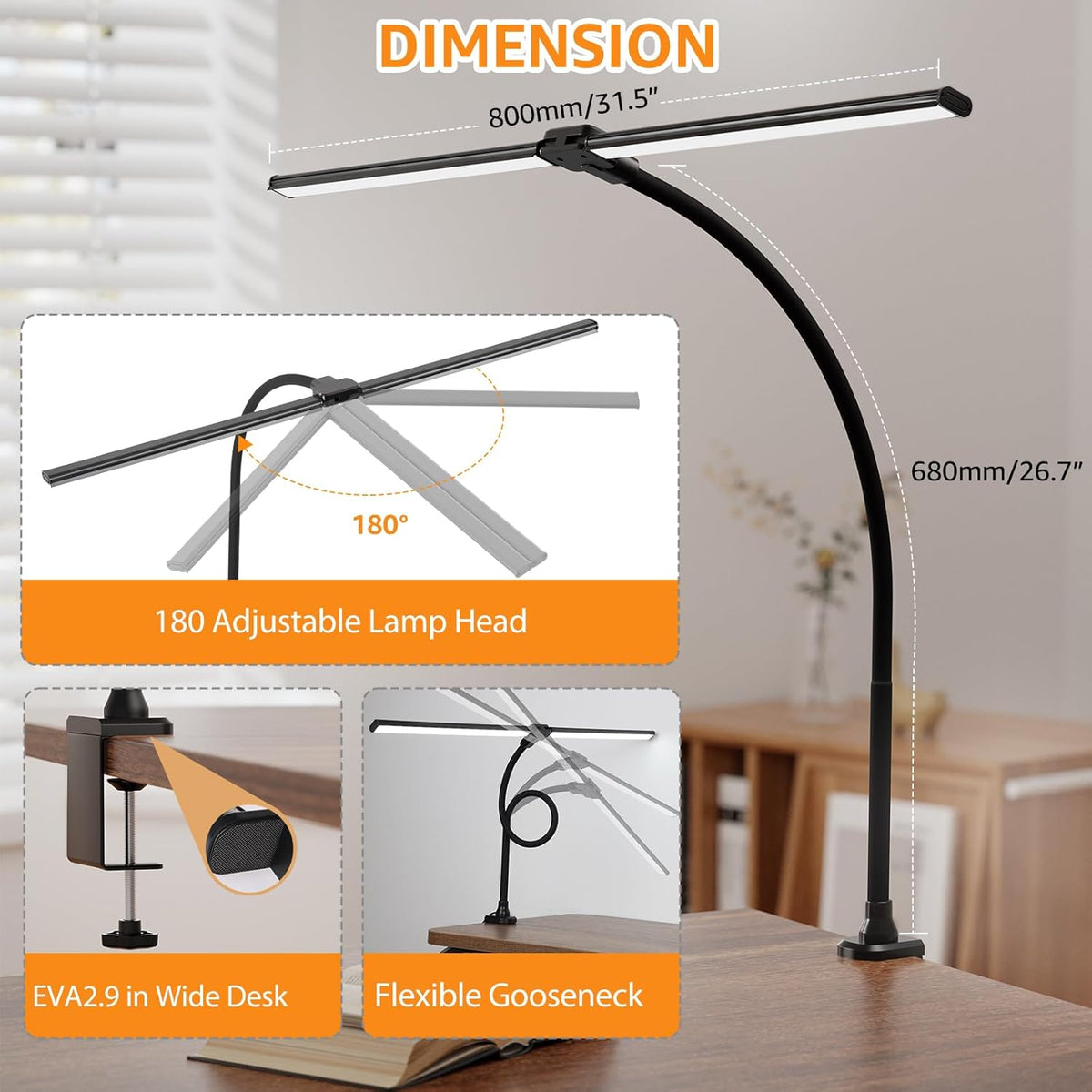 LED Desk Lamp, 31.5" Ultra Wide Double Head Architect Light with Clamp