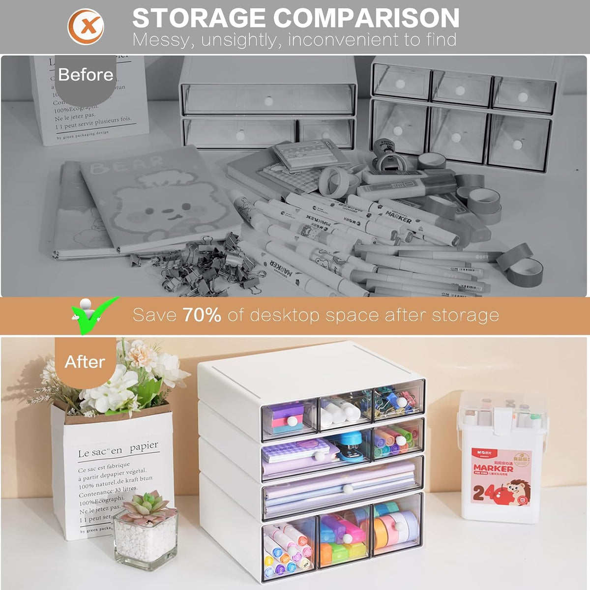 Desk Storage Organizer with 9 Drawers, Clear, White