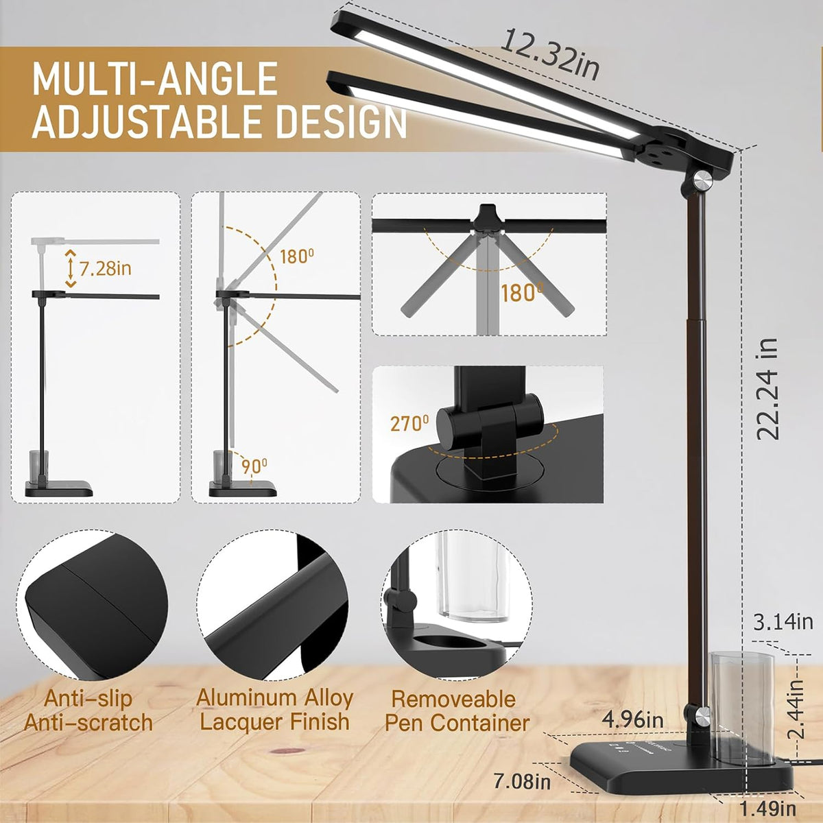 Retractable Dimmable LED Desk Lamp with USB Charging Port