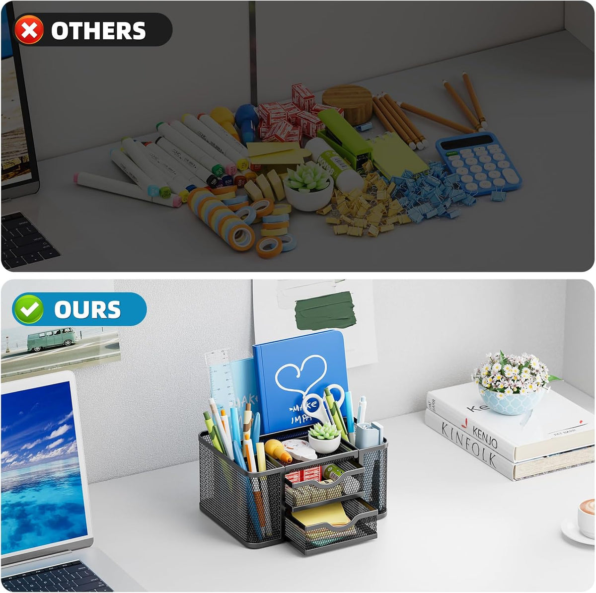 Mesh Desk Organizer, Pen Organizer with 2 Drawer