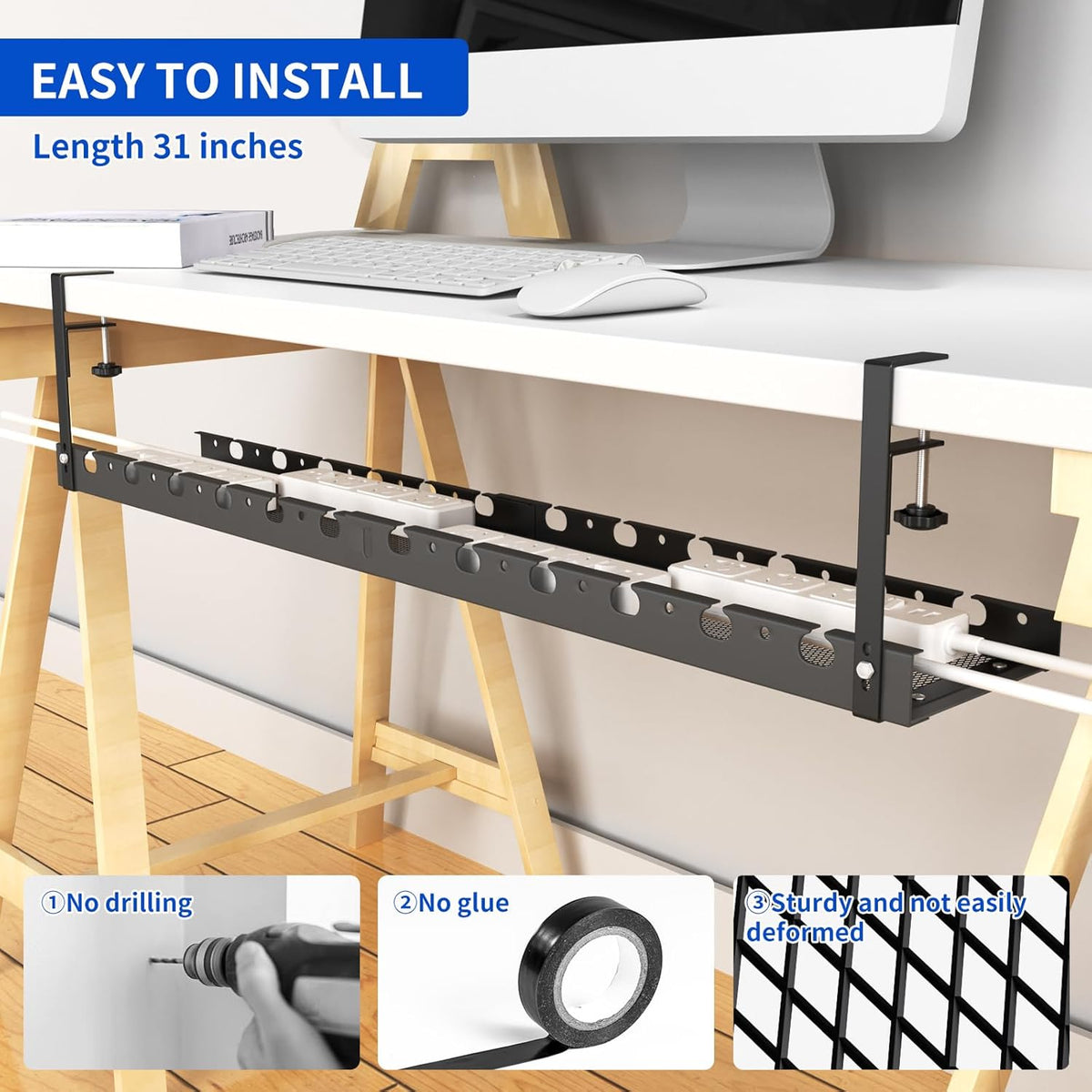 Under Desk Cable Management Raceway Clamp 2 Hole 31 Inch No Drill