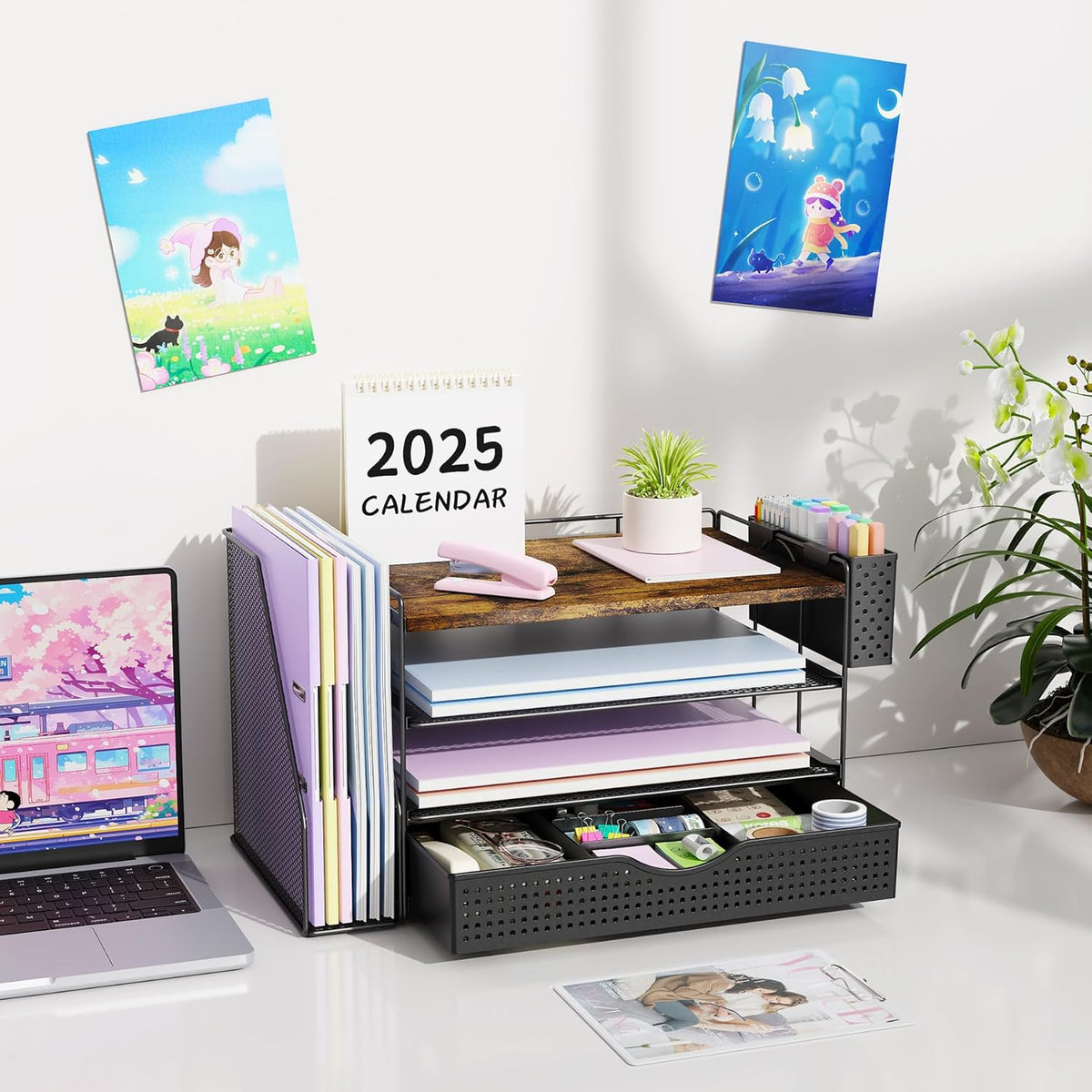 Wood Desk Organizers and Accessories with File Holder, 4-Tier