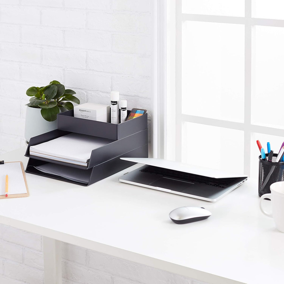 Rectangular Plastic Desk Organizer with Storage Trays, 9.4 x 6.7