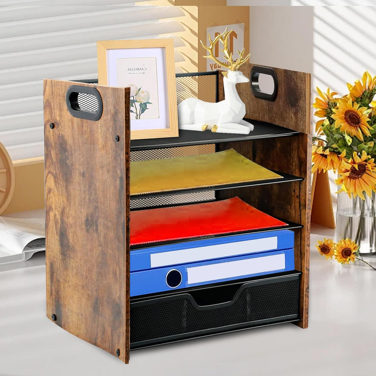 Wood Desk Organizer, 5-Tier Desktop File Organizer with Drawer