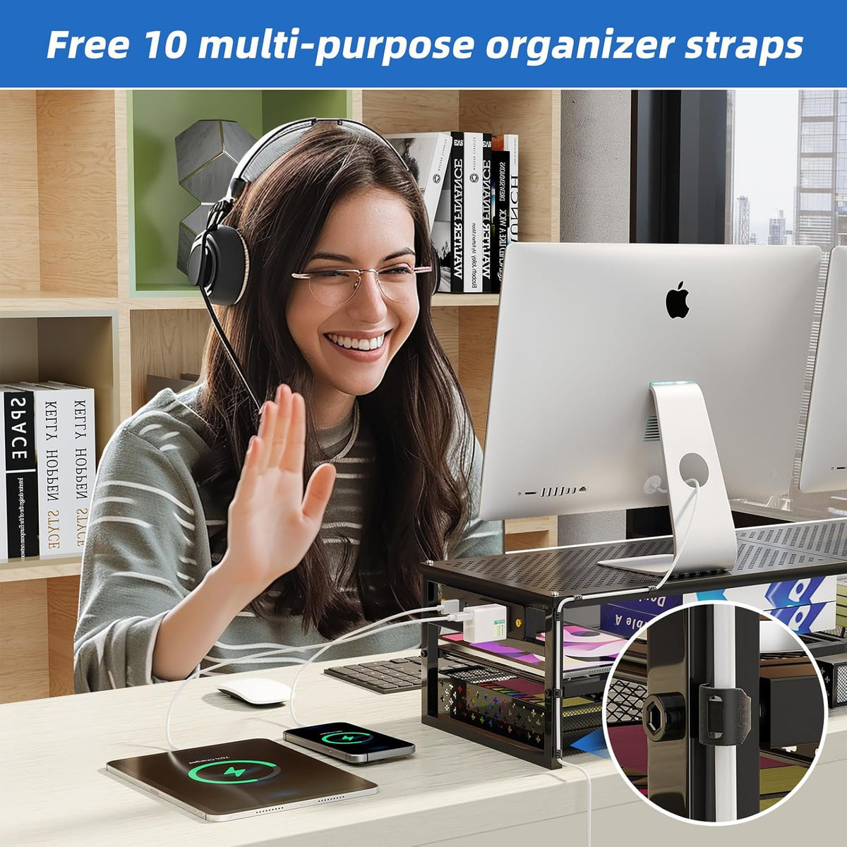 2 Tier Metal Monitor Stand Riser with USB 2.0 and Charging Prot