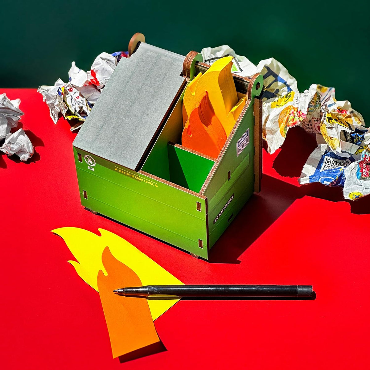 Desk Dumpster Pencil Holder with 100+ Flame Note Cards