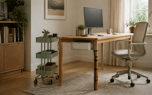 Natural daylight from a side window, warm neutral palette of oak, off-white and muted sage, soft shadows, lived-in home…