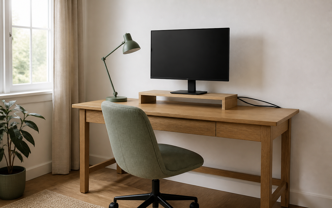 Wide establishing shot of a home office corner, 16:10, an oak desk against an off-white wall with a task chair pulled up to…