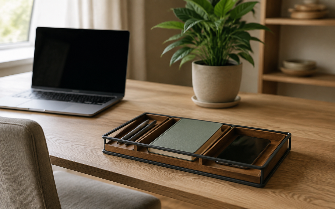 Wide establishing shot of a home office desk seen from a slight angle, an oak desk surface with a warm neutral palette of…