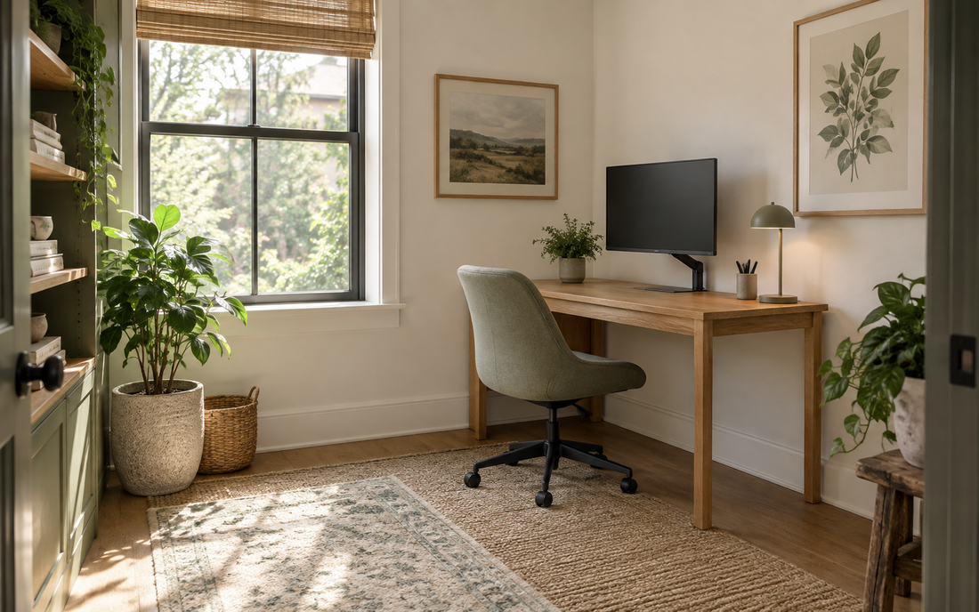 Wide establishing shot of a small oak desk tucked into the corner of a home office, angled to show a clear sightline toward…