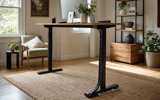 Wide establishing shot of a home office with a sit-stand desk at standing height, oak desktop, off-white walls, muted sage…