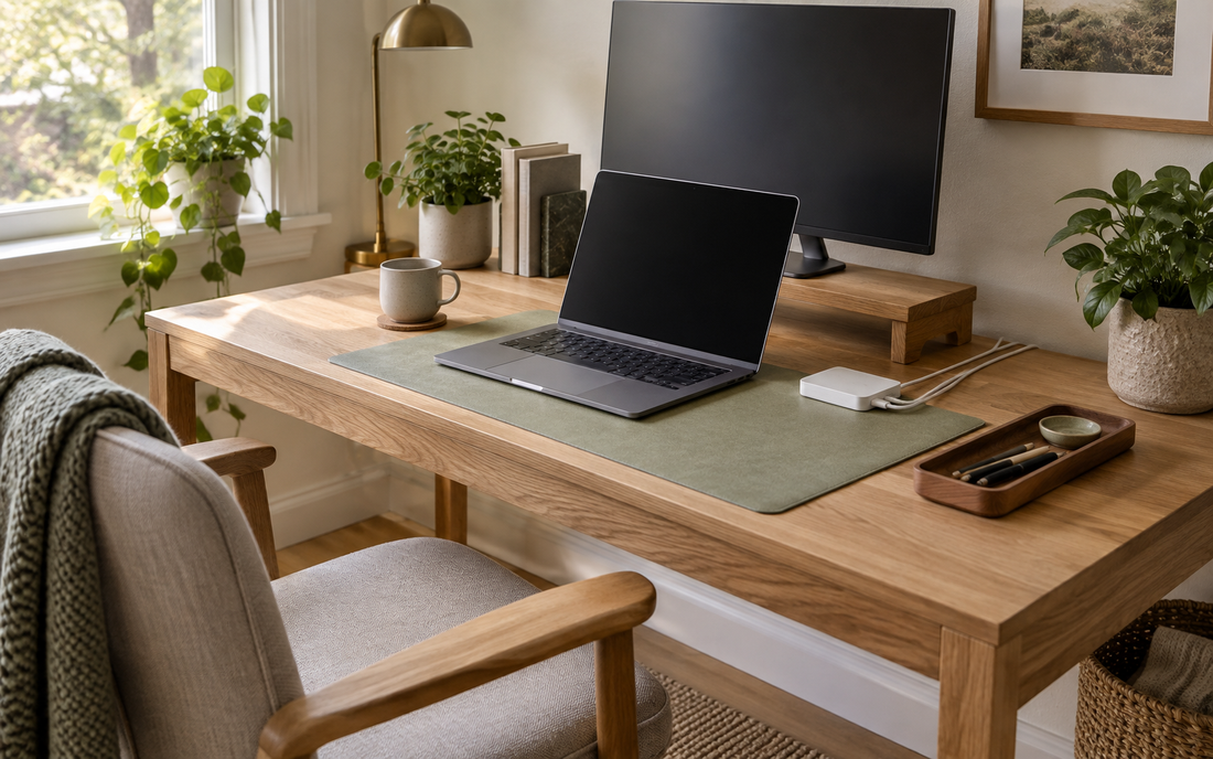 Wide establishing shot of a home office desk corner, 16:10, natural daylight from a side window, warm neutral palette of…