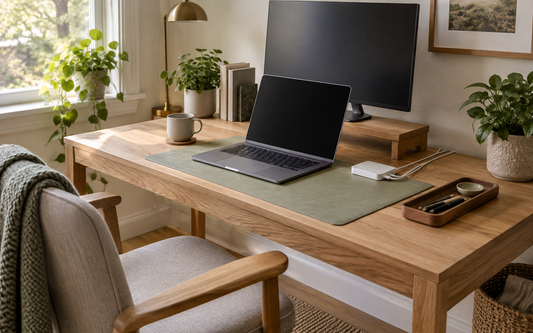 Wide establishing shot of a home office desk corner, 16:10, natural daylight from a side window, warm neutral palette of…