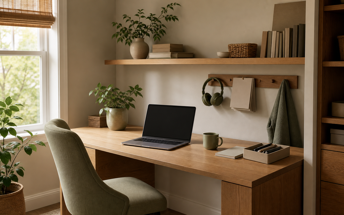 Wide establishing shot of a home office desk in oak and off-white tones with muted sage accents, natural daylight streaming…