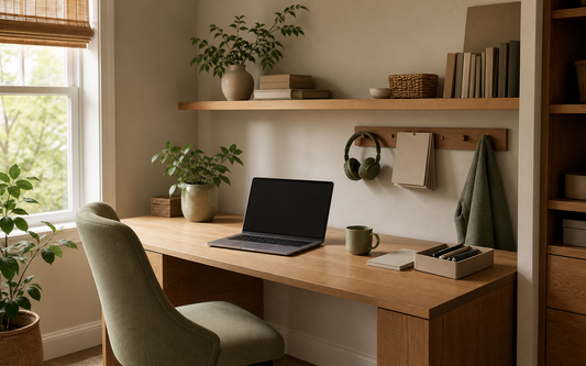 Wide establishing shot of a home office desk in oak and off-white tones with muted sage accents, natural daylight streaming…