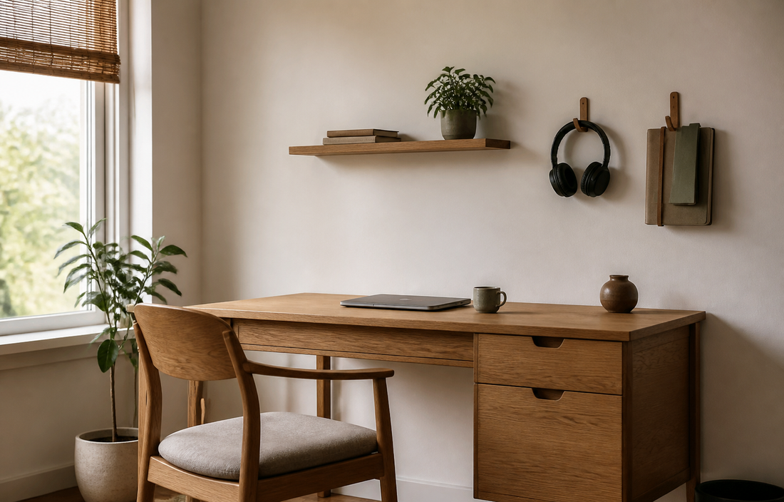 A lived-in home office corner with an oak desk against an off-white wall, natural daylight falling in from a side window…