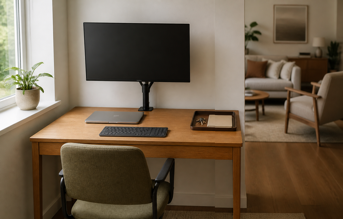 A small oak desk pushed against a wall beside a side window with natural daylight streaming in, warm neutral palette of oak…