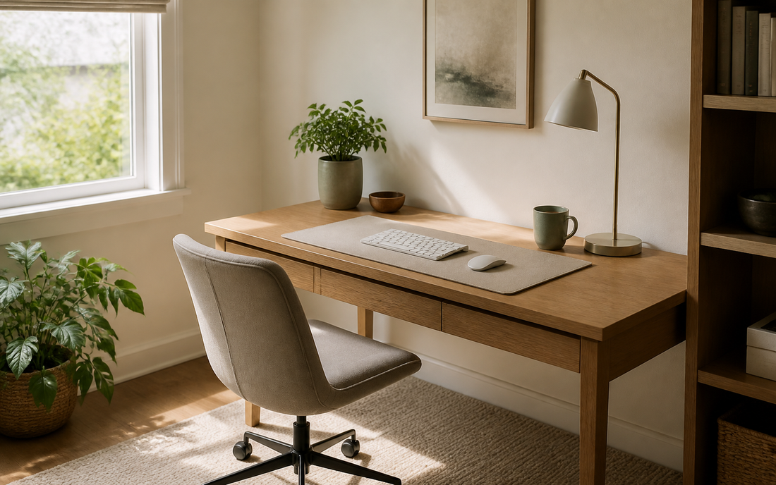 Of a home office desk corner with an oak desk, a neutral desk pad under a keyboard and mouse, natural daylight streaming in…