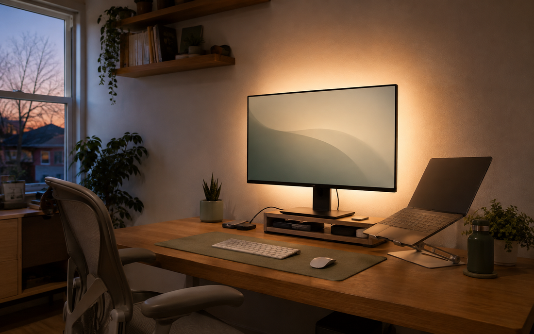 Of a home office desk at dusk with a monitor showing a soft warm glow of bias lighting along its rear edge against the wall…