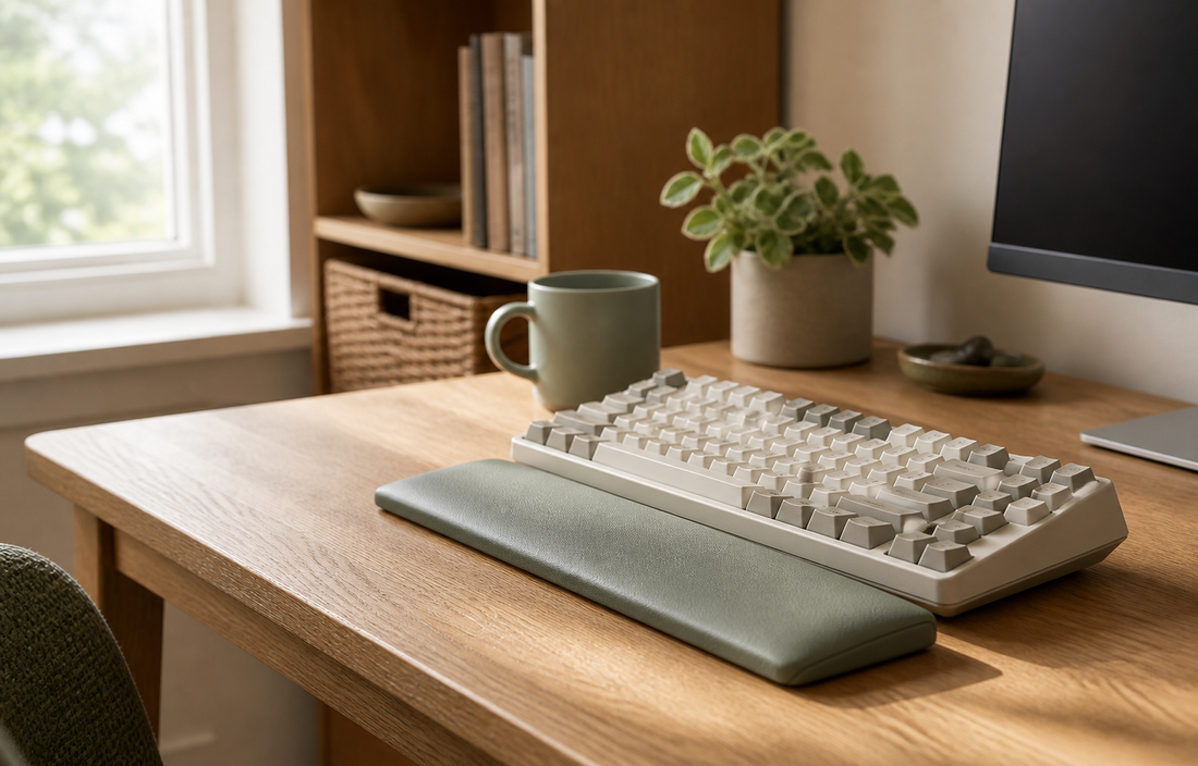 Of an oak desk positioned near a side window with natural daylight streaming in from the side, a mechanical keyboard sitting…