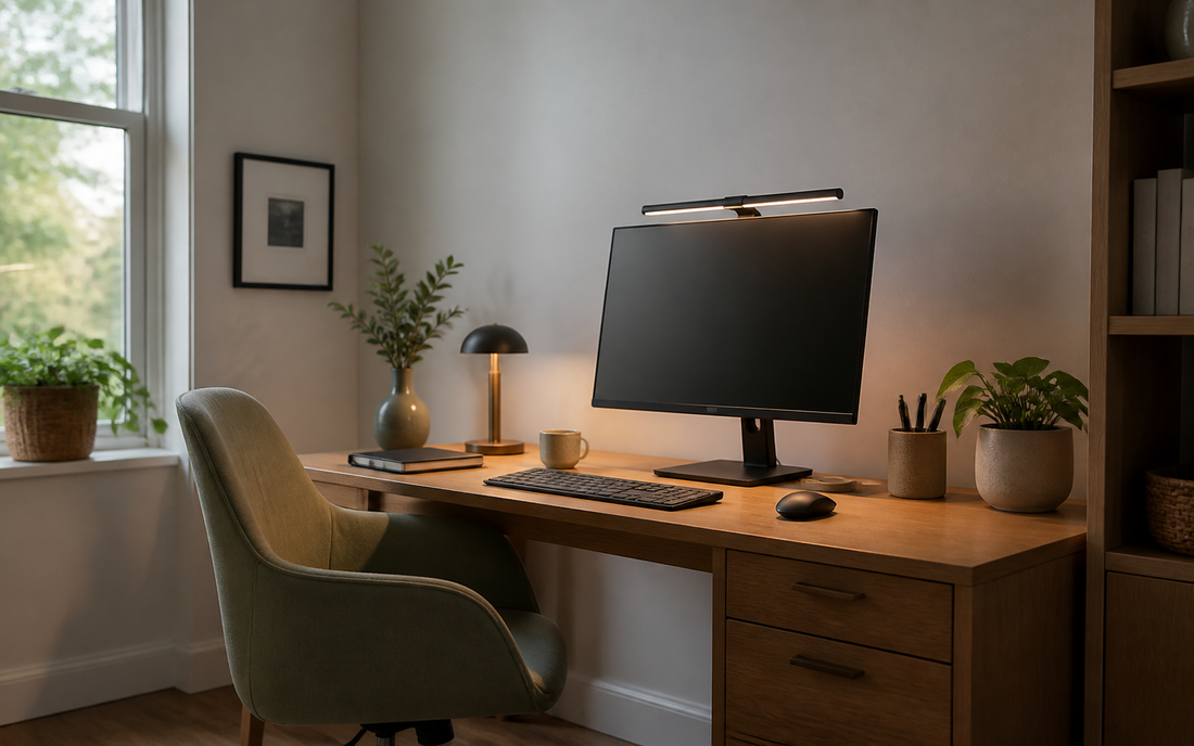 Wide establishing shot of a home office desk facing slightly away from a side window, oak desktop, off-white wall, muted…
