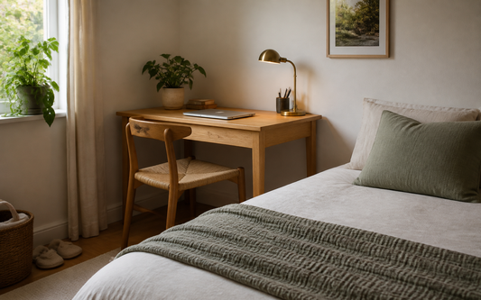 Wide 16:10 establishing shot of a compact oak desk tucked into the corner of a lived-in bedroom, positioned against an…