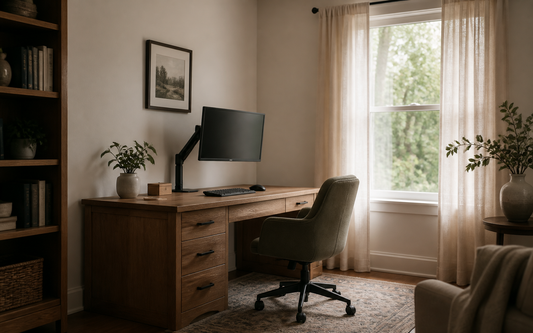Wide establishing shot of a home office desk positioned along a side wall with a window to its side rather than behind or in…