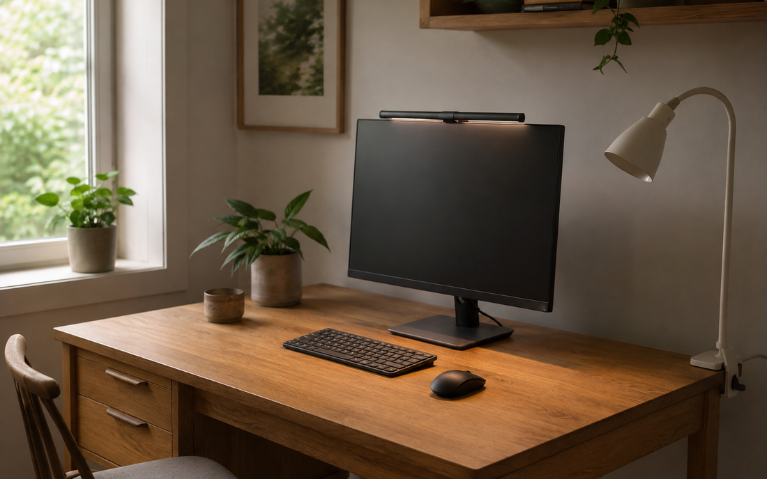 Wide establishing shot of a home office desk from a slight angle, 16:10 aspect ratio