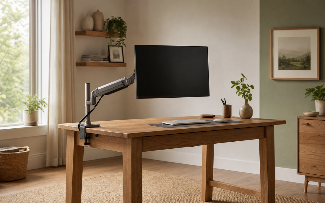 Wide establishing shot of a home office desk with a monitor mounted on an articulating gas-spring arm clamped to the back…