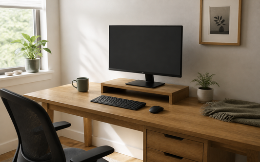 Of a lived-in home office desk corner with a single monitor set on a low wooden monitor riser, oak desk surface, off-white…