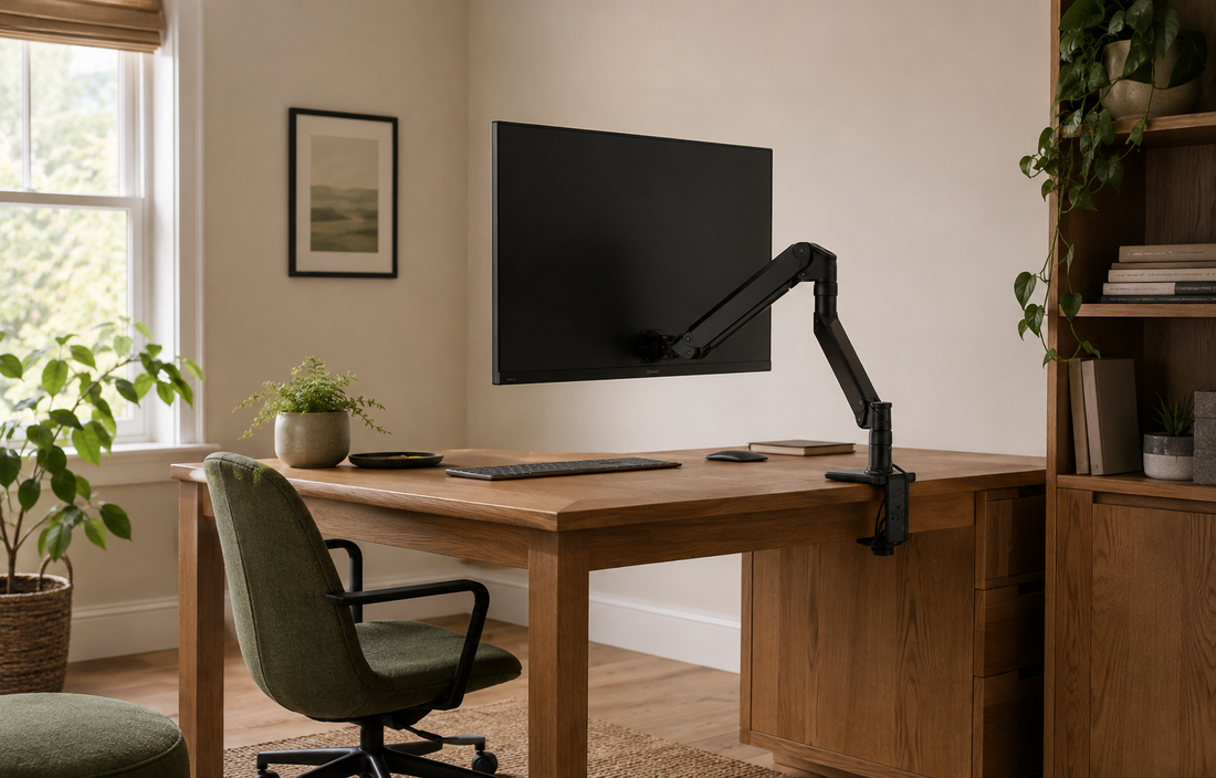 Wide establishing shot of a home office desk with a monitor arm mounted at the back edge holding up a display, natural…