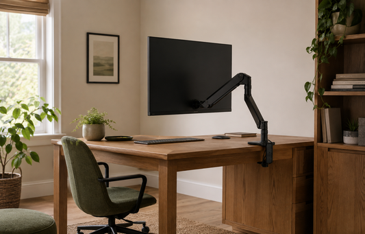 Wide establishing shot of a home office desk with a monitor arm mounted at the back edge holding up a display, natural…