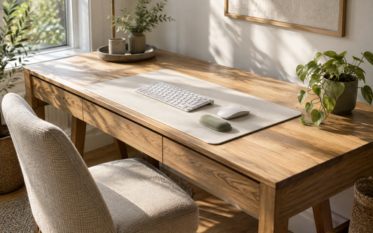 Wide establishing shot of an oak home office desk from a side angle, 16:10 aspect ratio