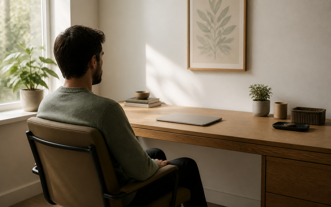 A home office desk setup with an oak desk against an off-white wall, a person in a muted sage sweater seated at the desk…