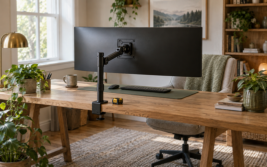 Wide establishing shot of a home office desk corner with a monitor arm mounted at the desk edge holding a curved ultrawide…