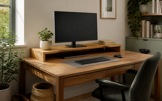 Wide establishing shot of a home office desk in warm natural daylight from a side window, oak desk surface with a…