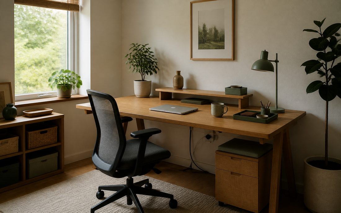 Wide establishing shot of a home office desk setup, 16:10 aspect ratio, oak desk surface with off-white and muted sage…