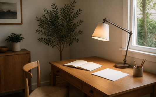 Wide establishing shot of a home office desk beside a side window with warm natural daylight, an oak desk holding a simple…