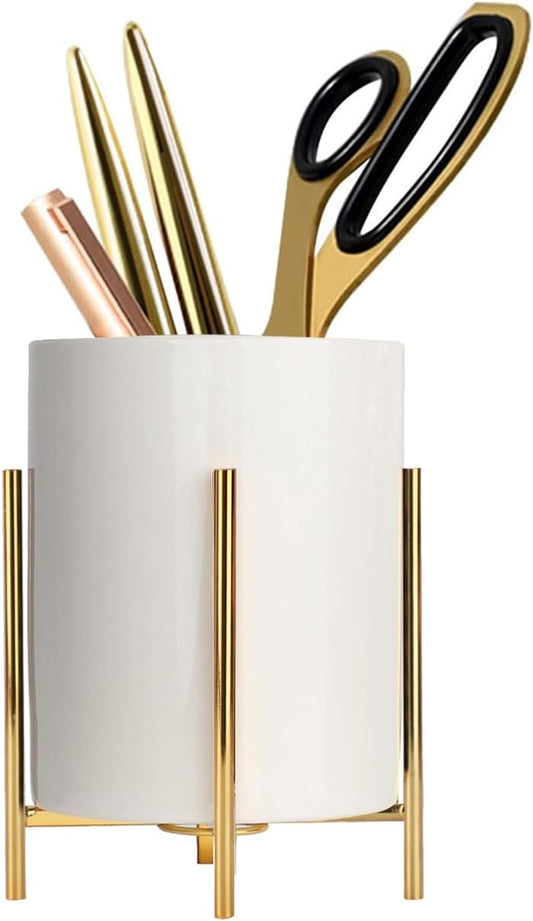 Gold Pencil Cup Sturdy Metal Frame With White Ceramic Pen Holder