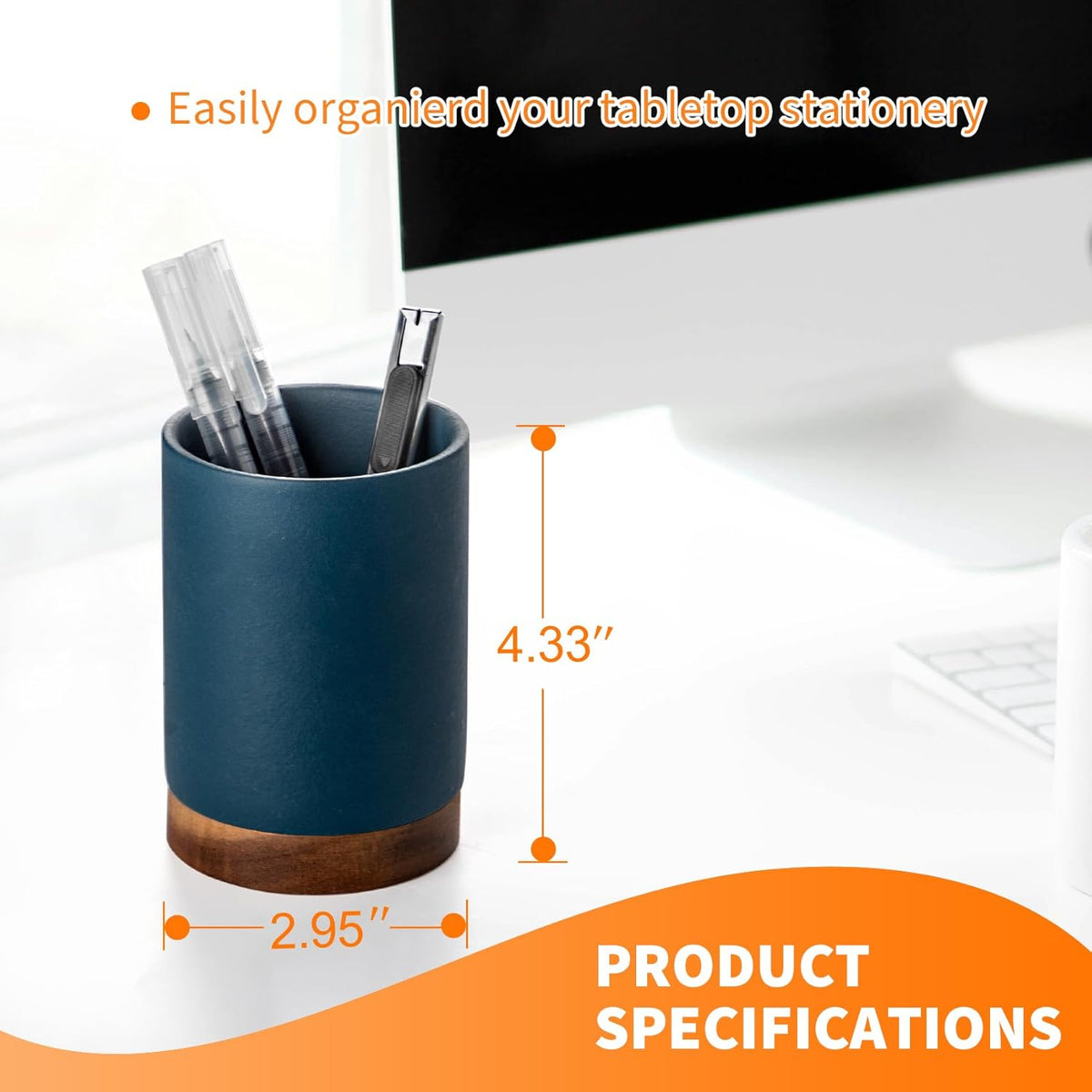 Pen Holder , Ceramic Pencil Organizer & Makeup Brush Holder, Blue