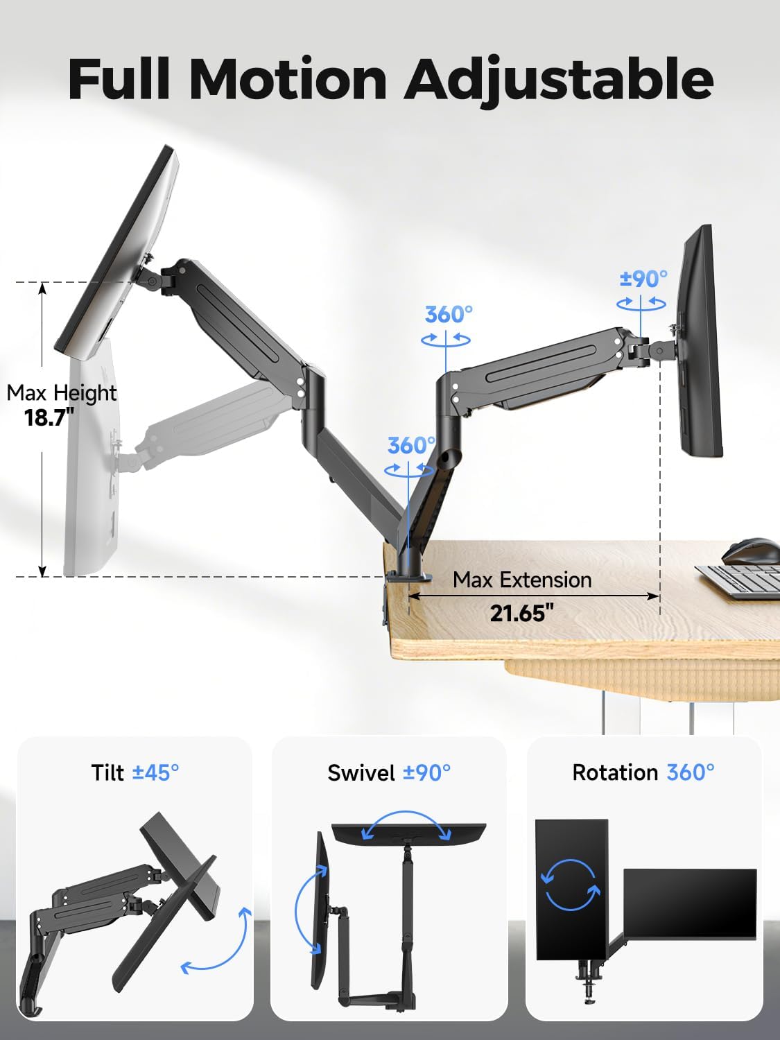 Dual Monitor Mount Stand-Height Adjustable Gas Spring Monitor Arm