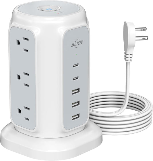 Flat Plug Power Strip Tower 9 Outlets and 5 USB Ports