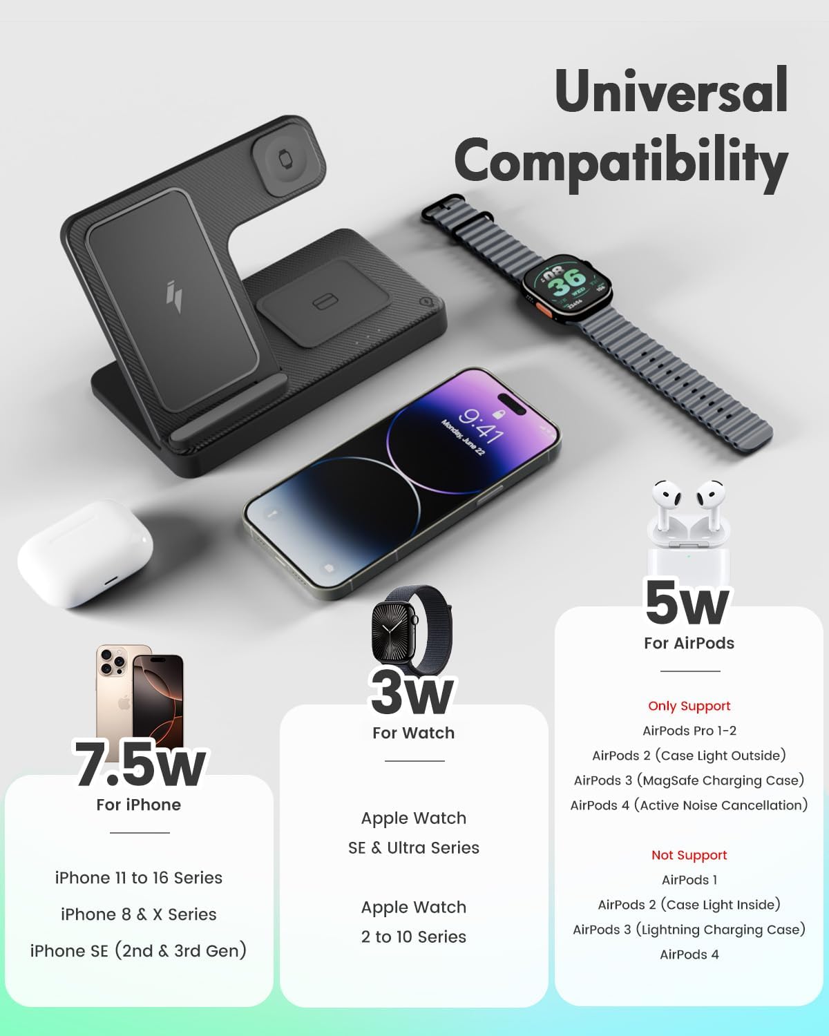 Wireless Charger iPhone Charging Station: 3 in 1 Charger Stand