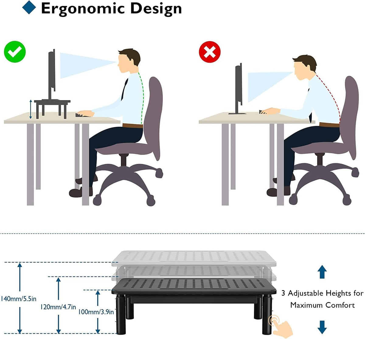 Adjustable Monitor Stand Riser with Drawer