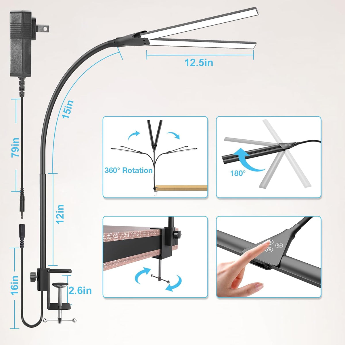 Hensam Desk Lamps for Home Office, Eye-Caring Architect LED Desk Light with Adjustable Brightness, Dual Monitors Task Lighting with Clamp, for Workbench, Study, Drafting, 1400 lm