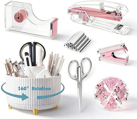 Pink Desk Organizers and Accessories Set with 360-Degree Rotating Pen