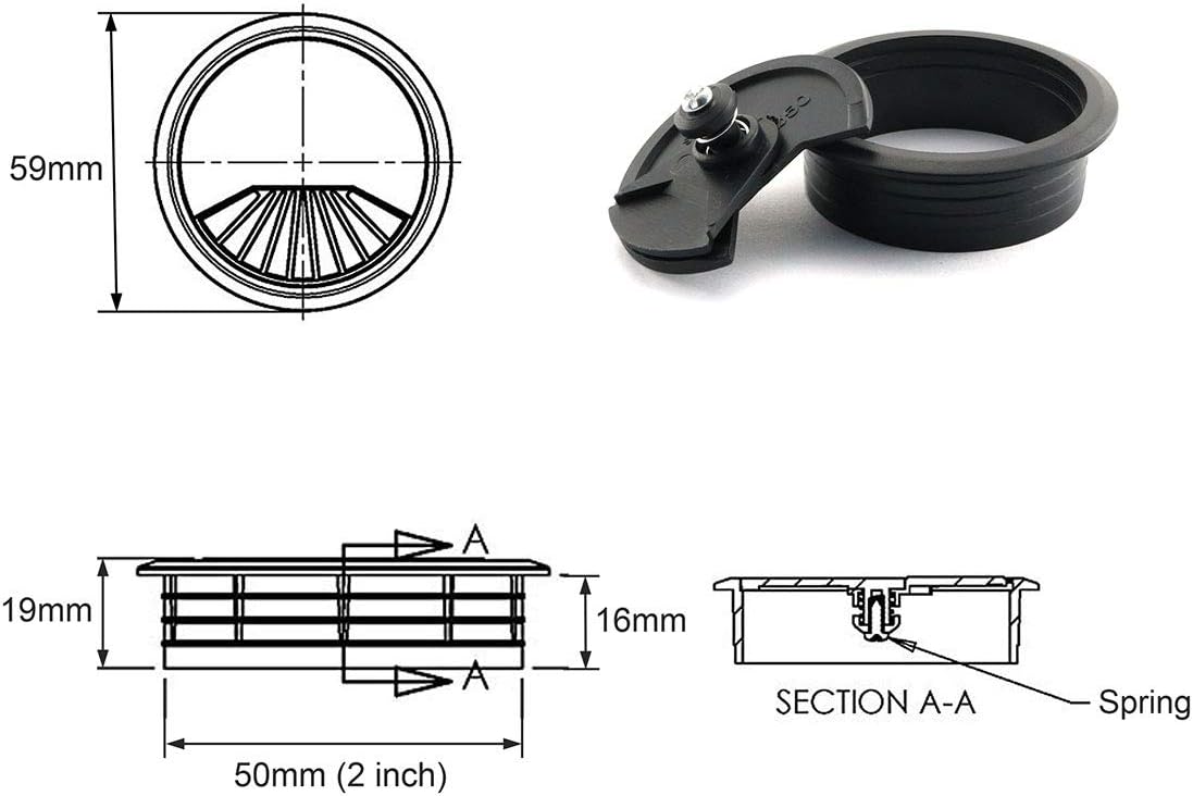 2 inch Desk Wire Cord Cable Grommets Hole Cover, 2pcs, Black
