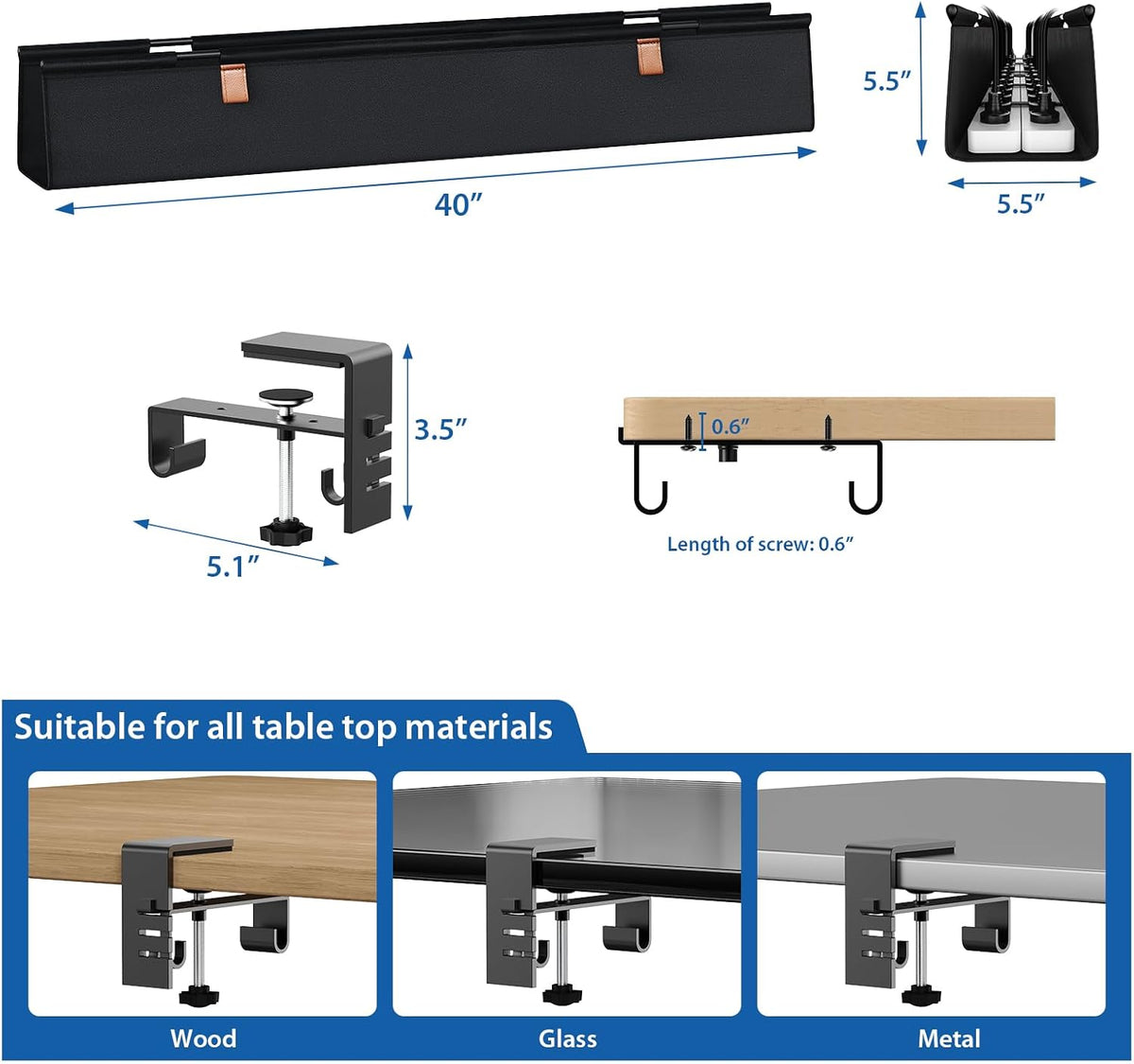 No Drill Under Desk Cable Management Tray 40" Cord Organizer
